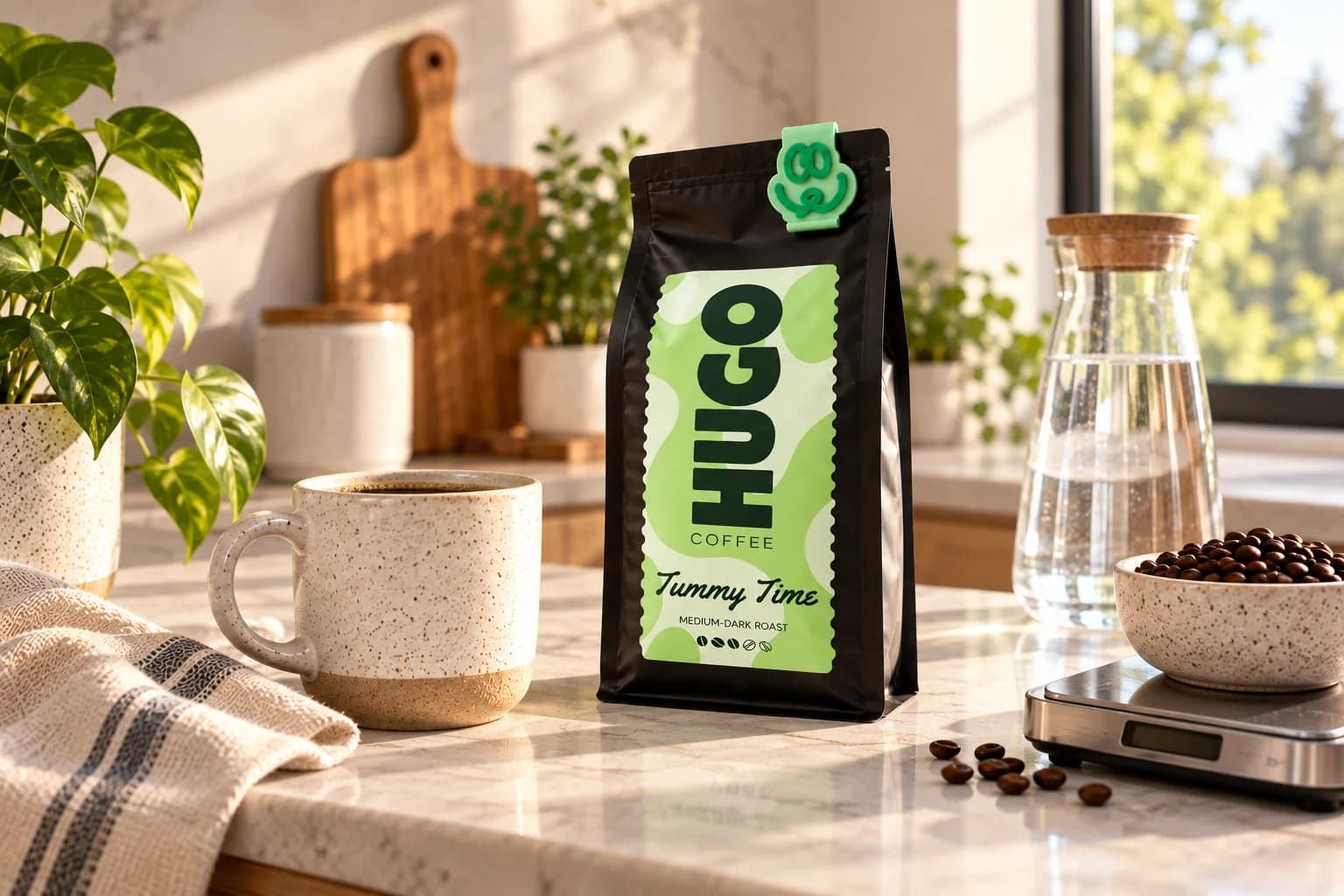 Illustrative Hugo brand image of a Tummy Time bag, mug and bowl of beans beside a scale