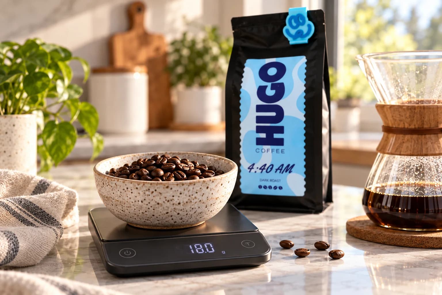 A bowl of whole coffee beans on a digital scale beside a 4:40 AM bag