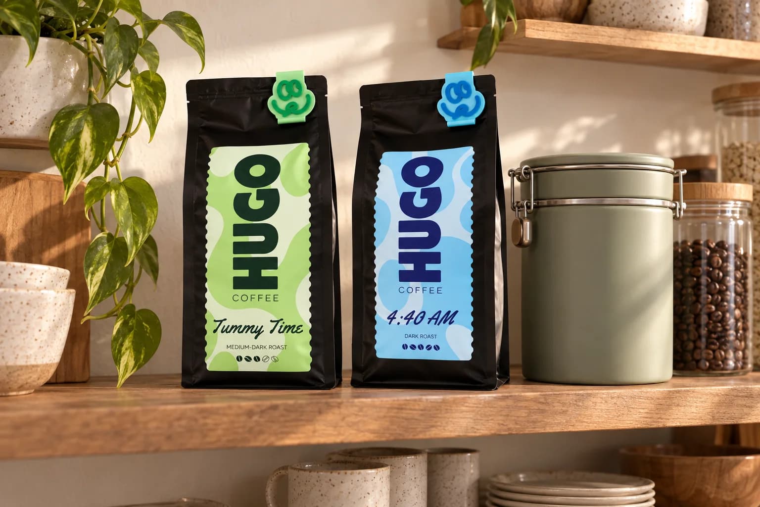 Illustrative Hugo brand image of Tummy Time and 4:40 AM bags beside coffee storage containers