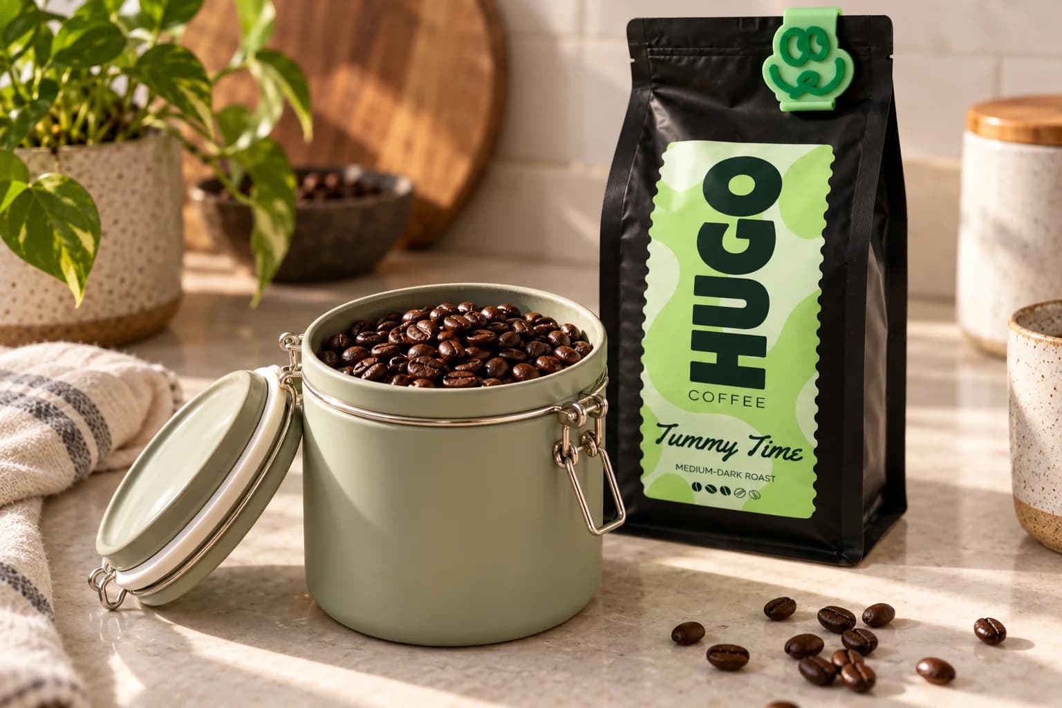 Whole beans in an open airtight container beside a Tummy Time bag