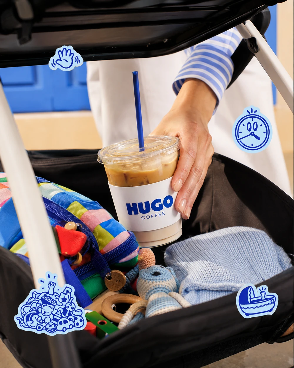 Iced coffee beside a stroller