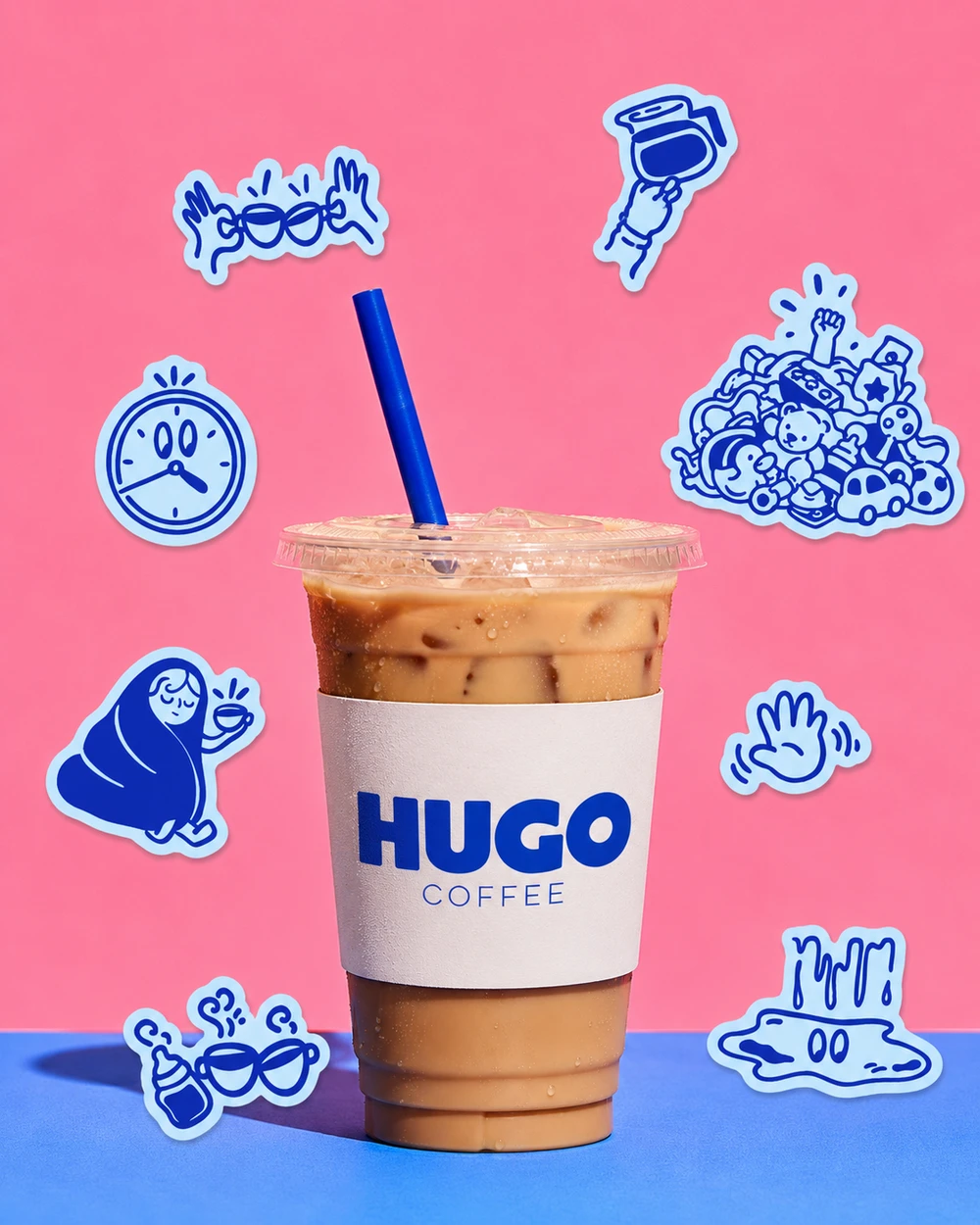 A Hugo iced coffee on a pink background